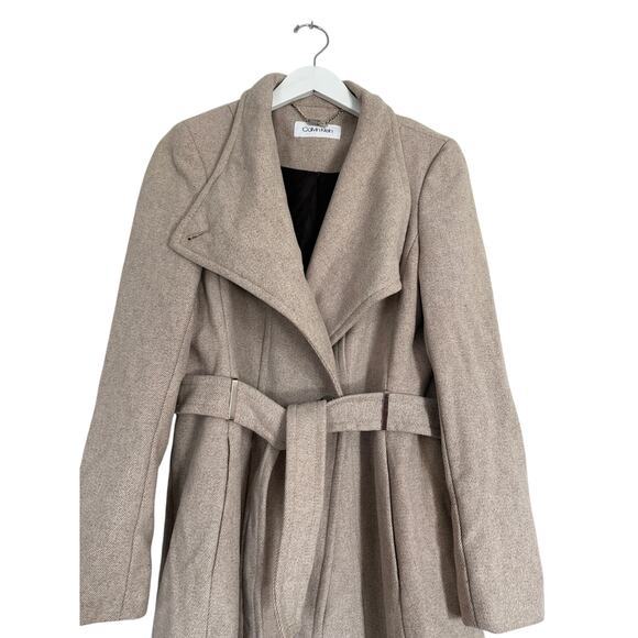 Calvin Klein Medium Winter Pea Coat Jacket Neutral Tan Taupe Work Lux Designer - Picture 2 of 12
